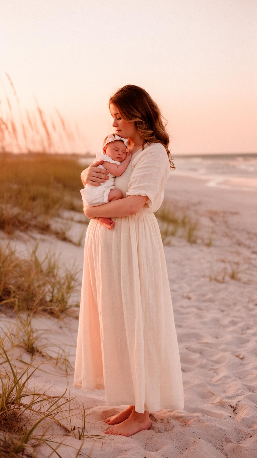 Mother holding her newborn at sunset on a Sarasota beach